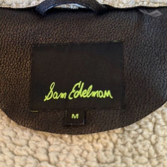 Sam Edelman Women's Black Faux Leather Sherpa Lined Wrap Coat Jacket Medium - Picture 6 of 8